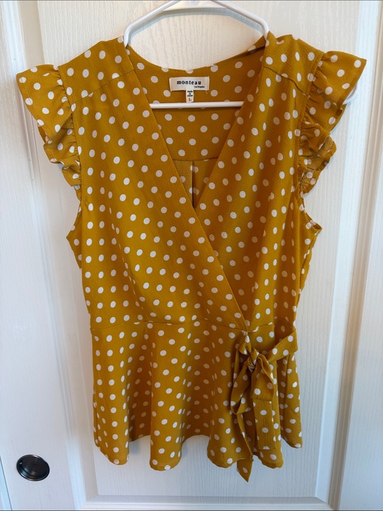 Monteau Tops - Monteau Yellow Polka Dot Wrap Blouse with Ruffle Sleeves